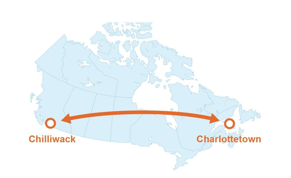 Map illustrating distance from Chilliwack and Charlottetown