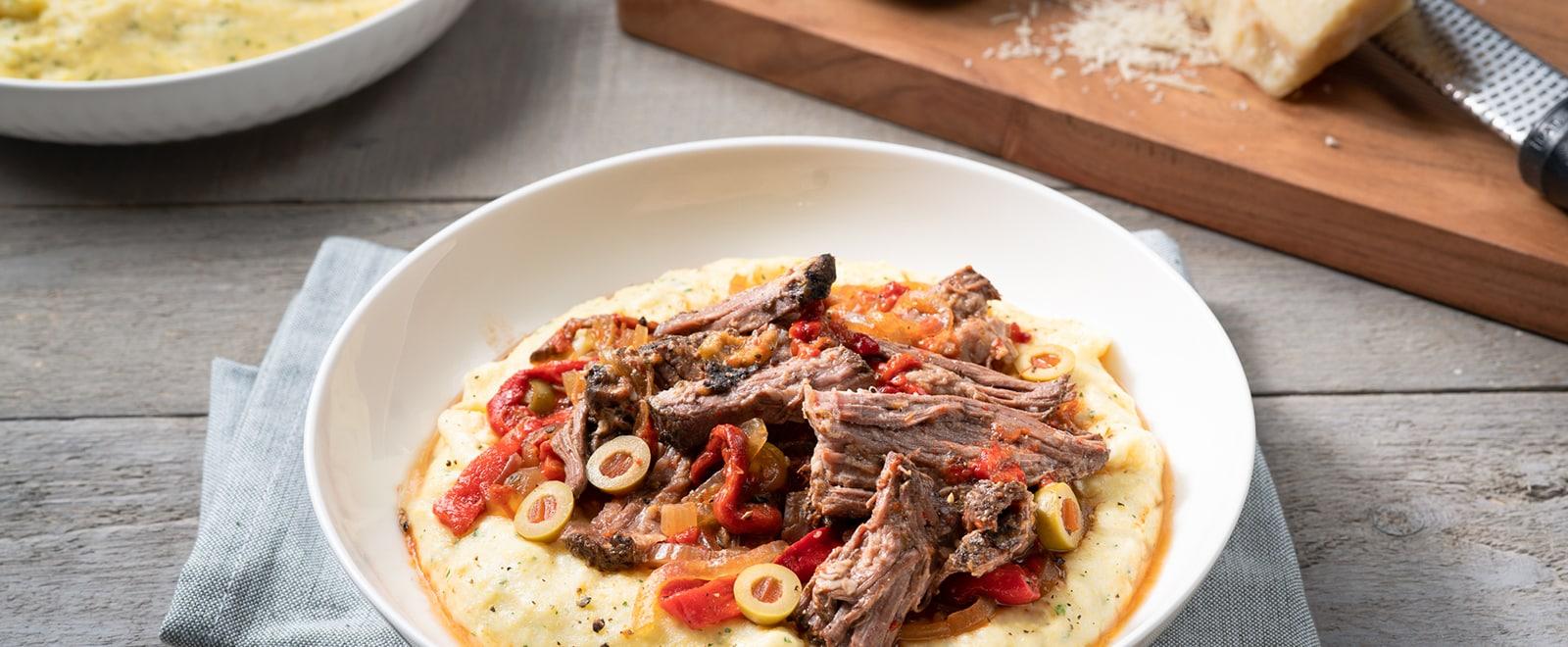 Slow Cooked Roasted Peppers and Beef with Herb Polenta