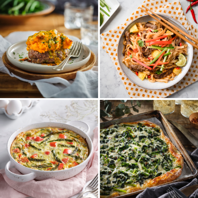 Grid consisting of photos of garlic rapini pizza bianca, roasted asparagus and pepper quiche, beef pineapple noodles and sweet potato topped meat loaves