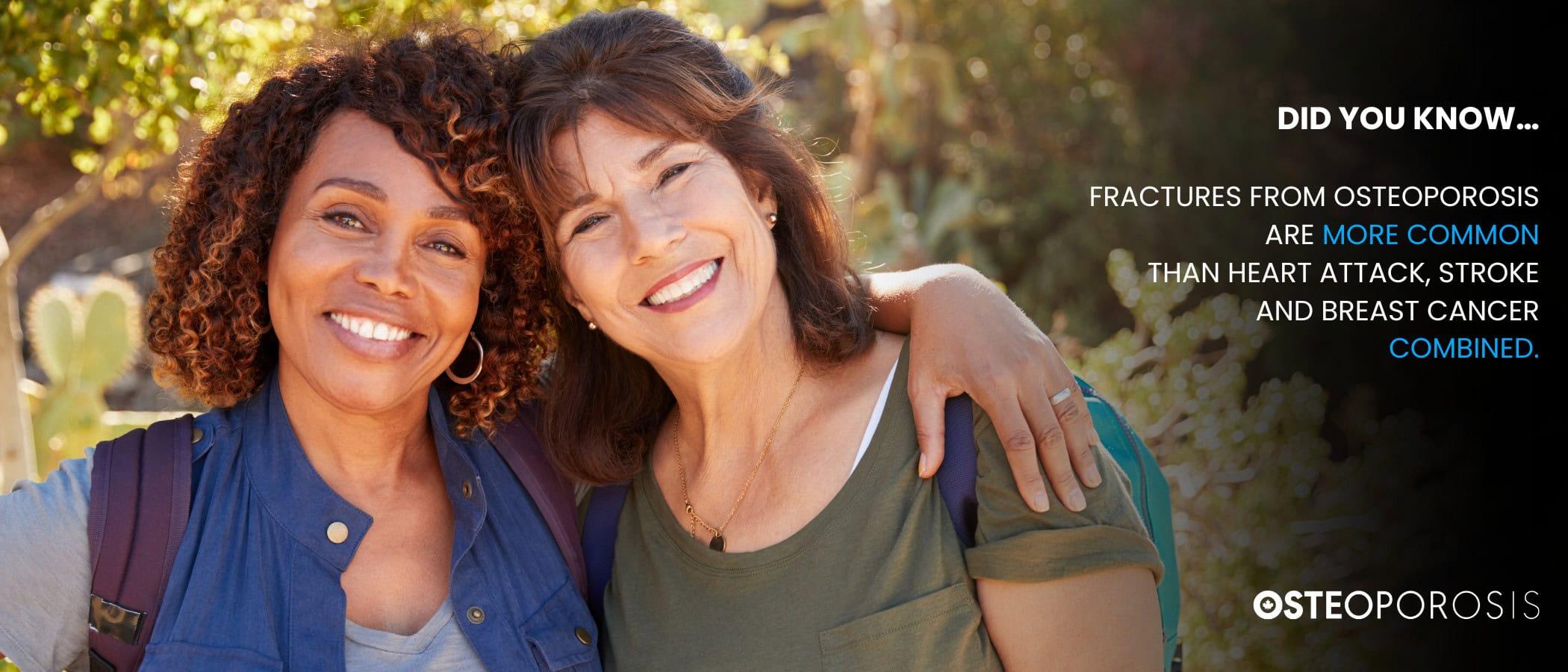 Two women smiling. Text Reads: " Did You Know... Fractures from osteoporosis are more common than heart attack, stroke and breast cancer combined."