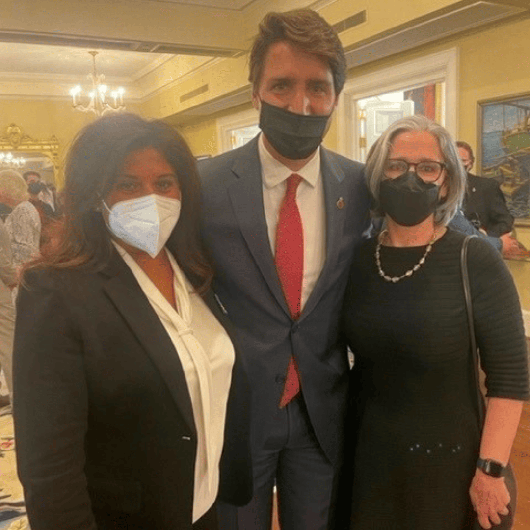 Prime Minister Justin Trudeau with Dr. Famida Jiwa and Jeannette Briggs