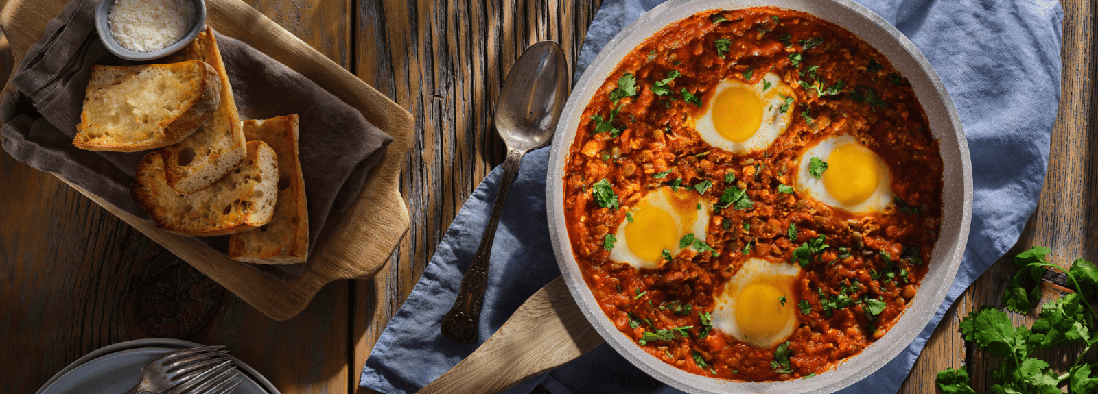 Spiced Lentil Shakshuka with Parmesan Baguette