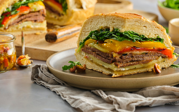 Steak muffuletta sandwich on a plate